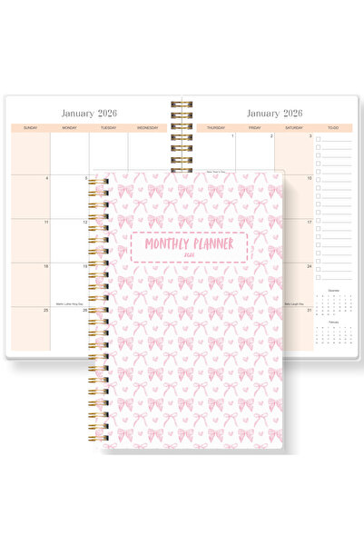 Choice مخطط شهري وردي لعام ٢٠٢٦ بحجم A5، غلاف مزين بفيونكة وردية، أجندة أكادي...