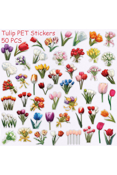 Choice ٥٠ قطعة من ملصقات زهور التوليب الشفافة المصنوعة من مادة PET، مناسبة لل...