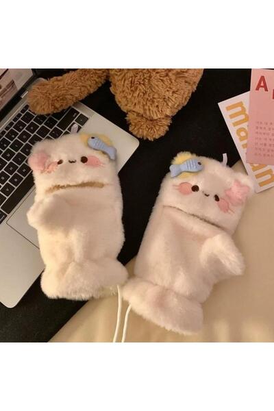 Choice زوج واحد من القفازات القطيفة بتصميم قطة لطيفة قابلة للطي للسيدات؛ قفاز...