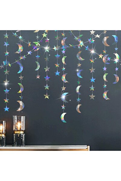 Choice شريط زينة فضي بطول 5 أمتار بتصميم القمر والنجوم، مناسب لشهر رمضان والع...