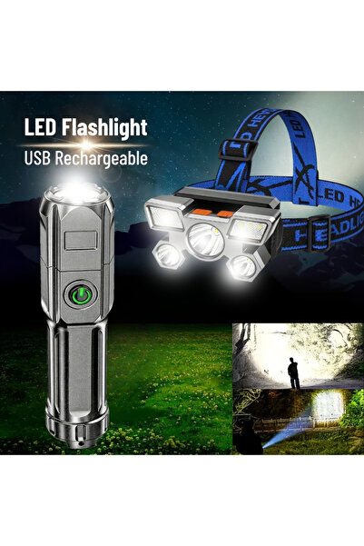 XIWANGFIRE combo Set USB Rechargeable 5Led Headlamp ,Zoom Led Flashlight, Mul...