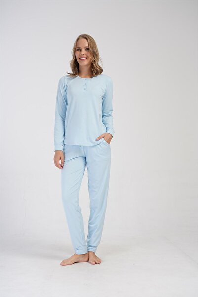OBJE Women's Blue Cuffed Pockets Pajama Bottoms