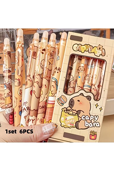 Choice 1 Set 1 Box of 6 Cute Capybara Blue Ink Erasable Gel Pens, 0.5mm Retra...