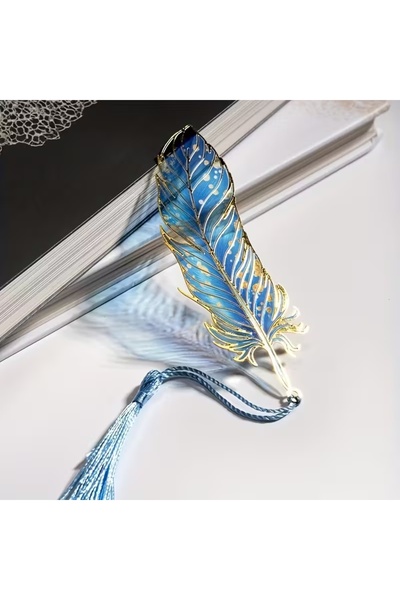 Choice فاصل كتب معدني أزرق على الطراز الصيني مزين بريشة طاووس شفافة وشرابة - ...