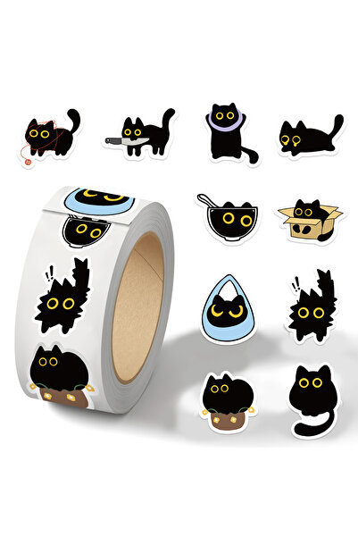 Choice 500 قطعة/لفة ملصقات كرتونية لطيفة لقطة سوداء، ملصقات إبداعية من مادة P...