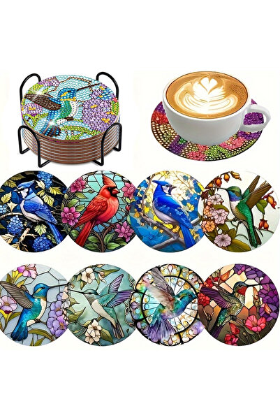 Choice مجموعة قواعد أكواب خشبية بيضاء مكونة من 8 قطع، مزينة برسومات ماسية على...