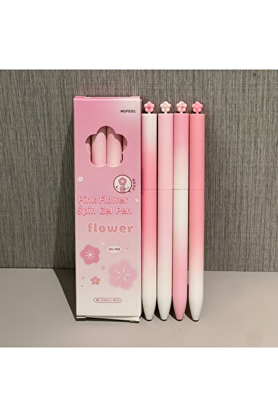 Choice مجموعة من أربعة أقلام جل دوارة على شكل زهور وردية، لون أسود، مزينة بتد...