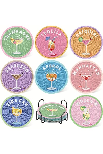 Choice WHITE 8-piece set with bracket diamond painting coaster, creative wine...