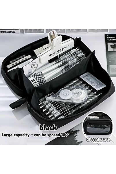 Choice مقلمة سوداء بتصميم دمية واحدة وملصقين، حقيبة أقلام طلابية بتصميم كاواي...