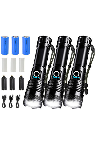 Choice مصباح يدوي قوي مزود ببطارية 26650، 3 قطع، مصنوع بالكامل من سبائك الألو...