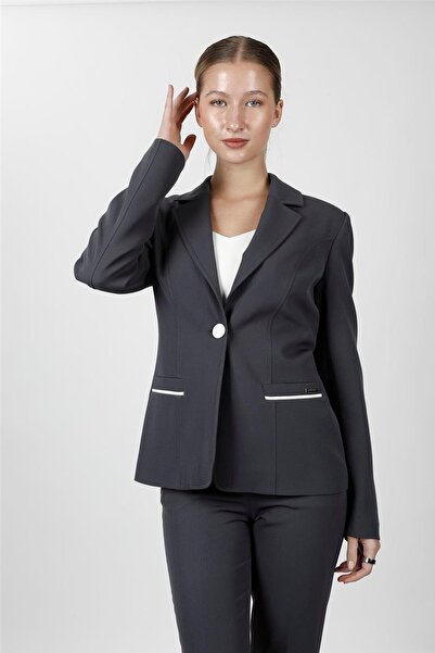 ÖNDER ÖZSOY Garnili Single Button Classic Women's Jacket-Smoked