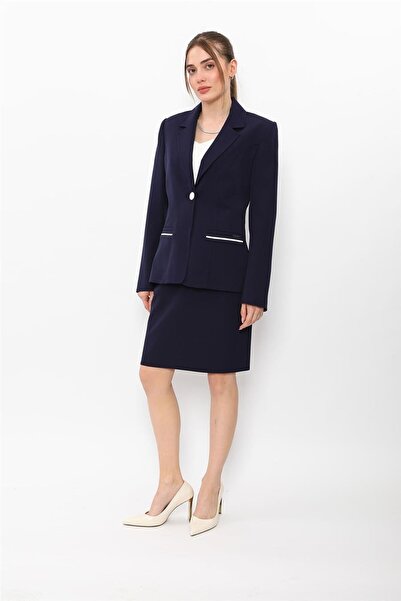 ÖNDER ÖZSOY Garnili Single Button Classic Jacket & Mini Slit Short Tight Skir...