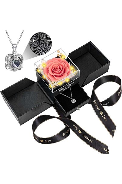 Generic Preserved Pink Peach Real Rose with Heart I Love You Necklace - Etern...