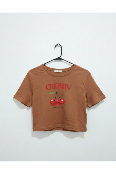 Bonbelle Girl's Soft Textured Cherry Printed Crop T-Shirt