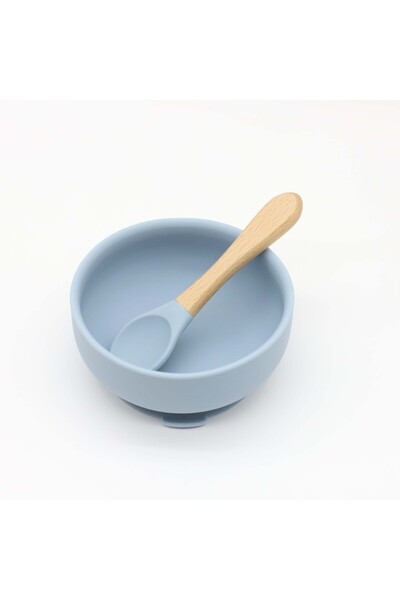 Choice وعاء سيليكون أزرق باهت مع كوب شفط، وملعقة بمقبض خشبي، طقم من قطعتين لط...