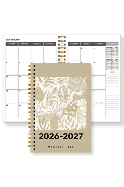 Choice Khaki 2026–2027 A5 Monthly Planner Spiral Notebook Beige Botanical Cov...