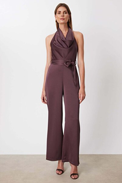 Mi Pret a Porter Mi Degaje Yaka Kuşaklı Saten Tulum