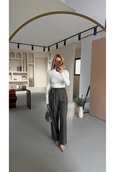 Sezgi Tekin Premium Series Herringbone Pattern Belted Khaki Trousers