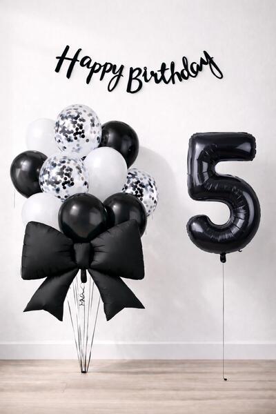 Patladı Gitti Black Bow 5 Year Old Birthday Balloon Set