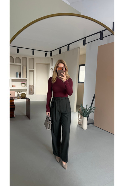 Sezgi Tekin Premium Series Herringbone Pattern Belted Anthracite Trousers