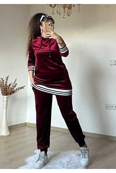 AZRA BUTİK Set din catifea cu glugă și dungi albe, roșu claret