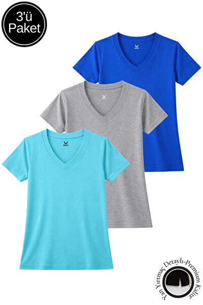 Rich Γυναικείο T-Shirt Saks-Turquoise-Grey Melange 3-pack με σχισμή και λαιμό...