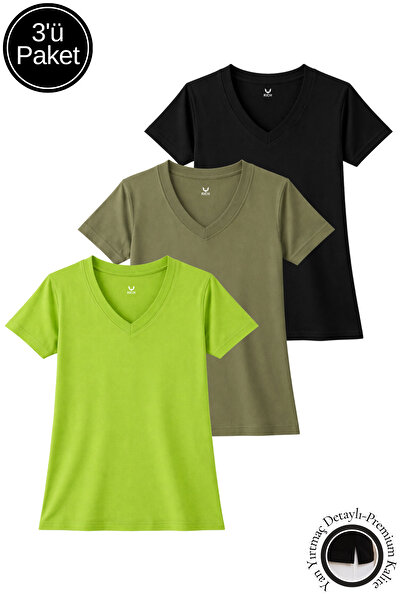 Rich Γυναικείο μπλουζάκι με σχισμή σε μαύρο-χακί-πράσινο χρώμα, 3 τεμάχια, απ...