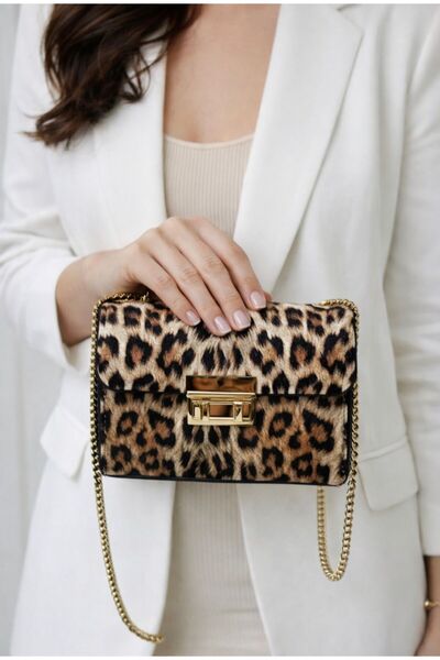 addy Leopar Çizgili Desenli Gold Zincir Askılı Portföy Omuz Ve El Çantası E19B13
