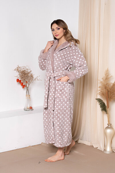 Massimo Monelli KADIN PUANTİYE BASKILI UZUN KAPSONLU VELSOFT-PELUSLU BORNOZ-S...