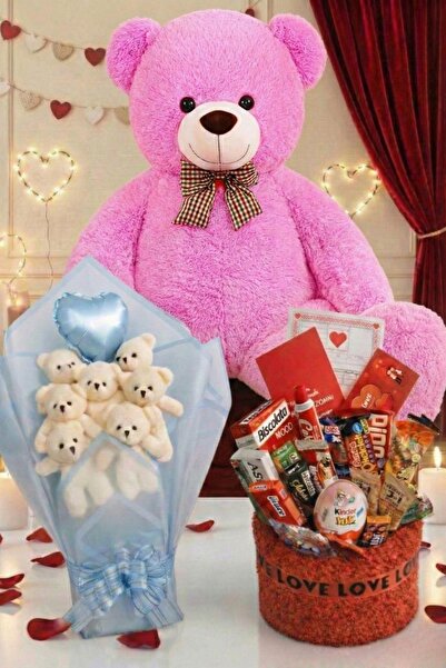 Solemia 3’lü Sevgililer Günü Hediye Seti | 90 Cm Peluş Ayı, Love Çikolata Sepeti & Mavi Peluş Ayıcık Buketi