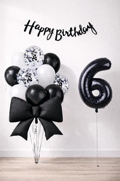 Patladı Gitti Black Bow 6 Year Old Birthday Balloon Set
