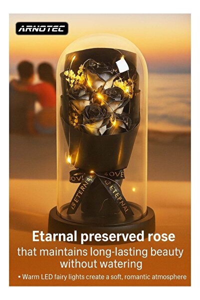 ARNOTEC علبة هدايا الوردة الأبدية – غطاء زجاجي مزين بإضاءة LED