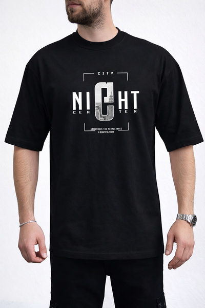 caddekombin Tricou negru pentru bărbați, cu gâtul rotund, cu imprimeu Night C...