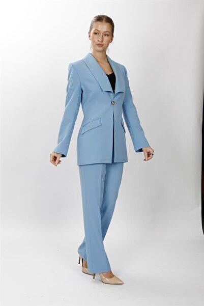 ÖNDER ÖZSOY سترة أمريكية طويلة عصرية وبنطلون واسع الساق مع جيوب - بدلة نسائية...