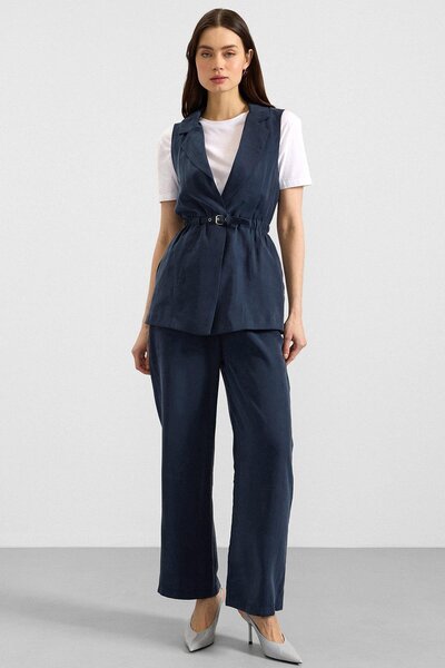 Olcay Drawstring Waist Belt Detailed Modal Vest Dark Blue 8284