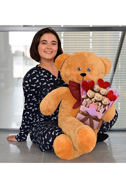 Özgüner Oyuncak هدية خاصة لعيد الحب: دمية دب قطيفة بطول 90 سم مع ربطة عنق وبا...
