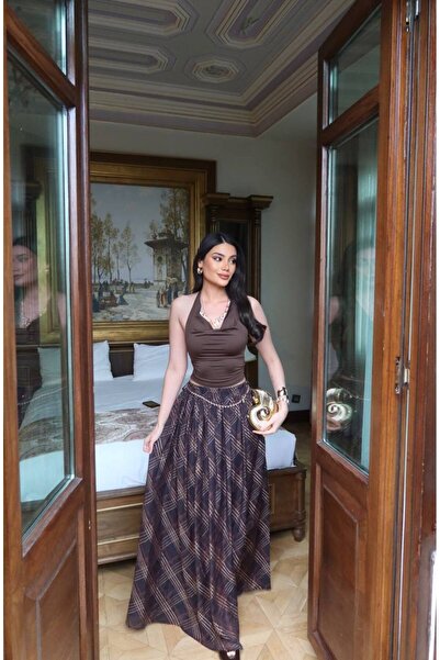 KECHİ WOMAN Modal Fabric Plaid Pattern Lined Skirt