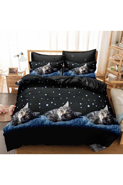 Talis 3D Black Cat Double Bed Linen 6 Pieces, Finet