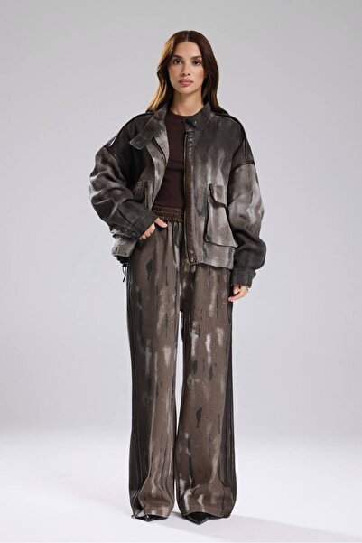 tw3 Kadın Gabardin Kumaş Deri Baskı Detaylı Tasarım Alt Üst Takım