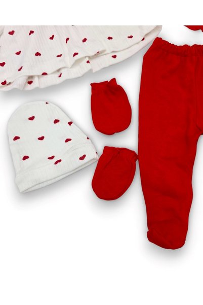 voyyo kids baby Baby Girl 5-Piece Heart Patterned, Bow Detailed Hospital Discharge Bodysuit Set, 100% Cotton Newborn Bodysuit