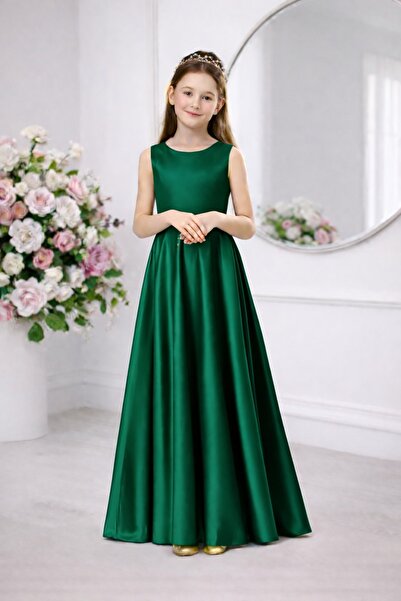 SUNEH Kız Çocuk Zümrüt Yeşil Saten Bisiklet Yaka Sade Elbise Mezuniyet Doğum ...