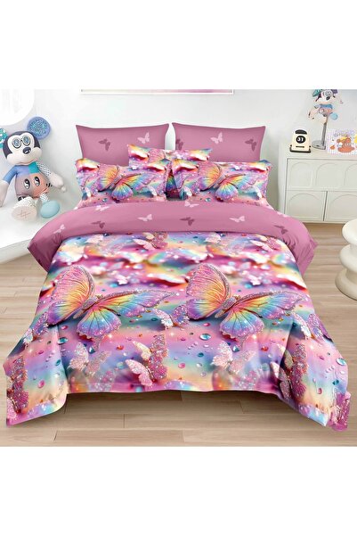 Talis Double Bed Linen 3D Rainbow Pink Butterflies 6 Pieces, Finet
