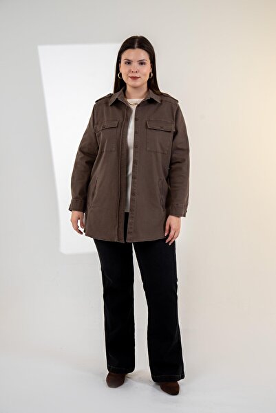 Roxxlen Plus Size Women's Gabardine Shirt with Pocket Detail Khaki