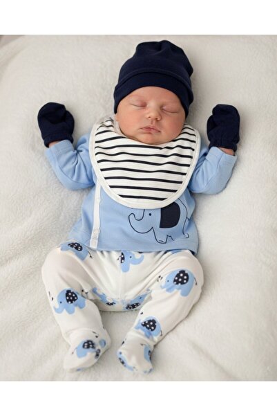 Ege Bebek Erkek Bebek 5'li Fil Desenli, Şapkalı Önlüklü Eldivenli Hastane Çık...