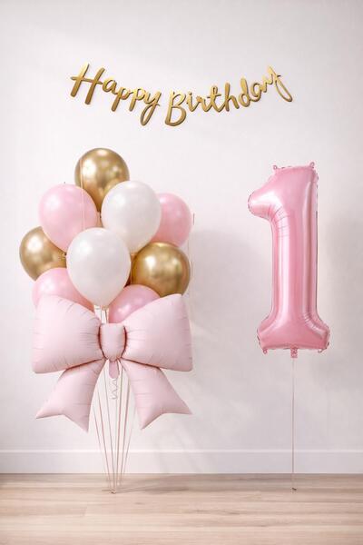 Patladı Gitti Pink Bow 1 Year Old Birthday Balloon Set