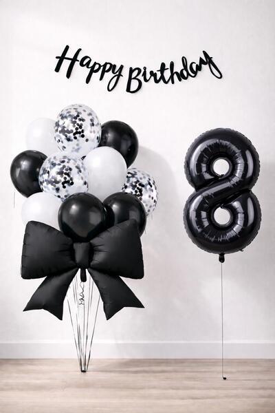 Patladı Gitti Black Bow 8Th Birthday Balloon Set