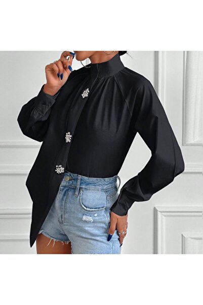 Amorti Cămașă de damă albastră din bumbac cu detalii cu nasturi perlați – Cu ...