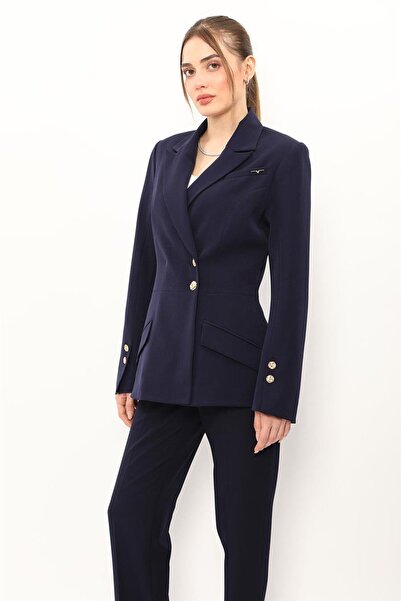 ÖNDER ÖZSOY سترة رجالية بياقة مزدوجة الصدر وعصرية للنساء - أزرق داكن