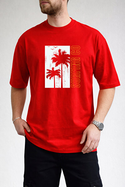 caddekombin Men's Palm Tree Silhouette Surfing Co Text Printed Crew Neck Red ...