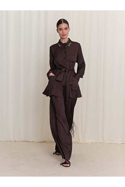 BAQA Yaka İşleme Detaylı Çizgili Bluz